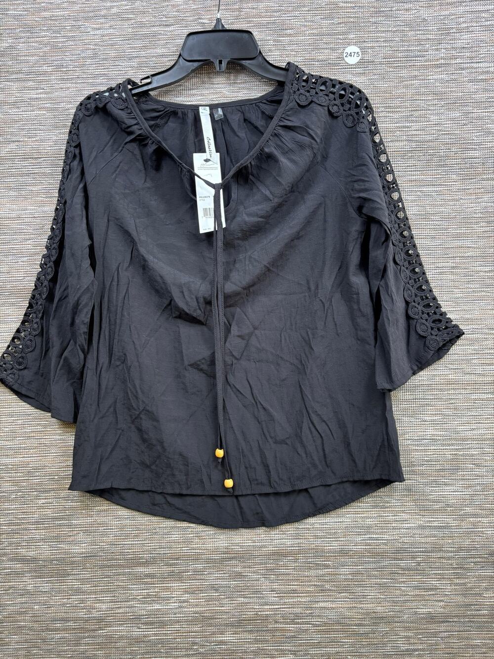 NY Collection Blouse Womens PS Black Crochet Sleeve 3/4 Peasant Top Boho NEW